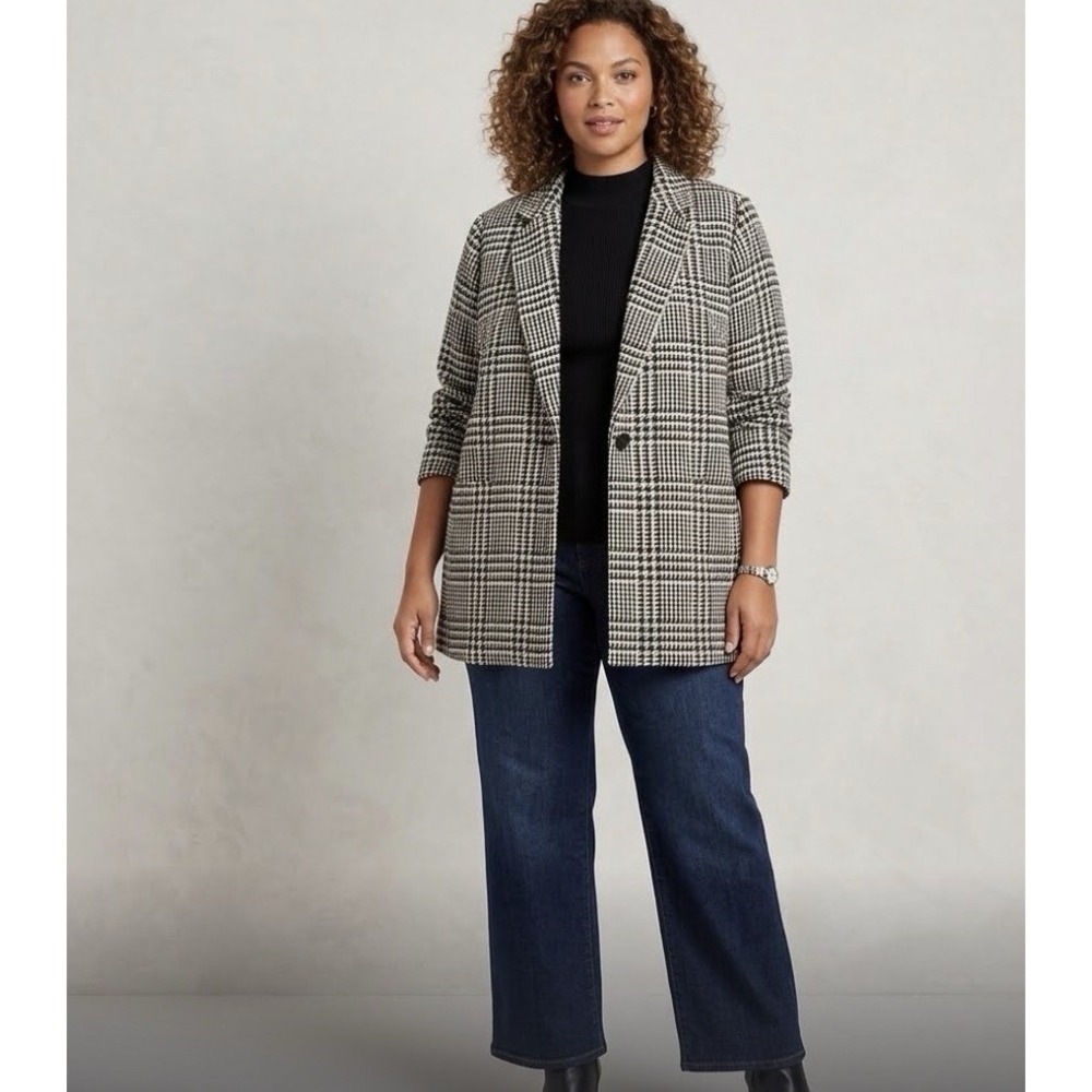 Talbots Blazer Jacket Womens Size 14W Wool Houndstooth Academia Black White